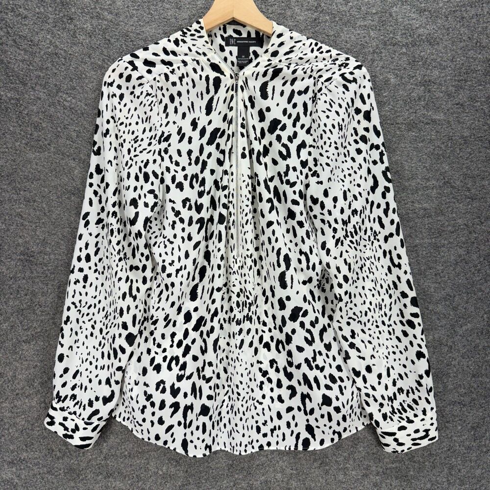 INC International Concepts Blouse Women 14 White Animal Print V-Neck Long Sleeve